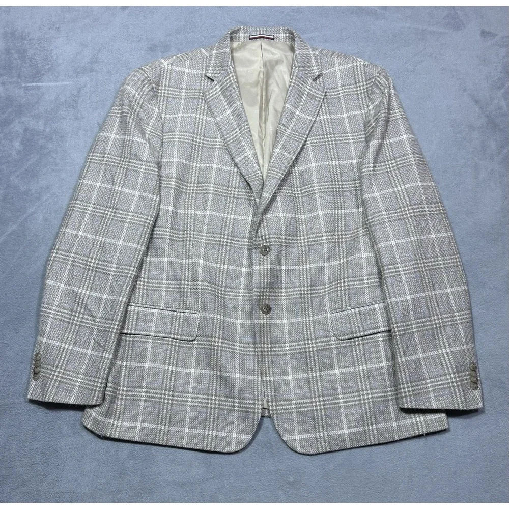 Tommy Hilfiger Blazer Mens 48R Beige Windowpane Glen Plaid Wool Blend Sport Coat